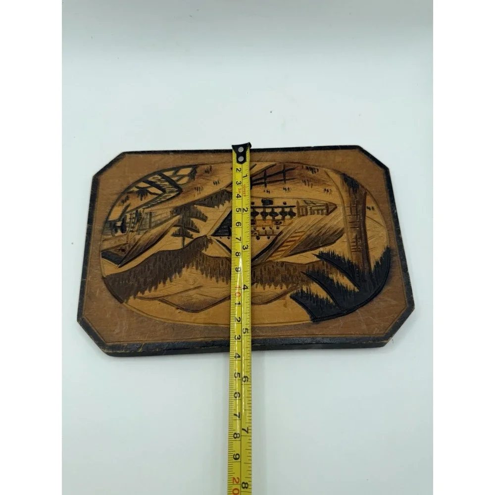 Wood Carved Mountain Village Scene Wall Plaque